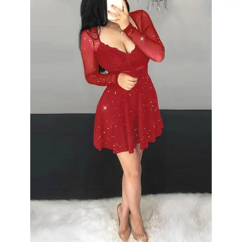 Women's Glitter Contrast Mesh Sheer Sweetheart Neck A Line Dress, Elegant Long Sleeve Mini Dress for Party Club Dating Wear, Women's Dress for Spring & Fall(gift) Fit Formal Women's Glitter Contrast Mesh Sheer Sweetheart Neck A Line Dress, Elegant Long Sleeve Mini Dress for Party Club Dating Wear, Women's Dress for Spring & Fall(gift) Fit Formal