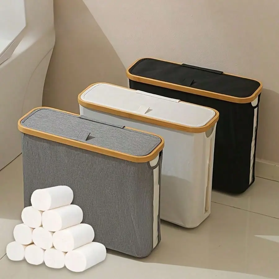 Foldable Toilet Paper Storage Basket With Lid, Slim Bathroom Organizer Bin, Large Capacity Toilet Paper Holder For Bathroom Decor