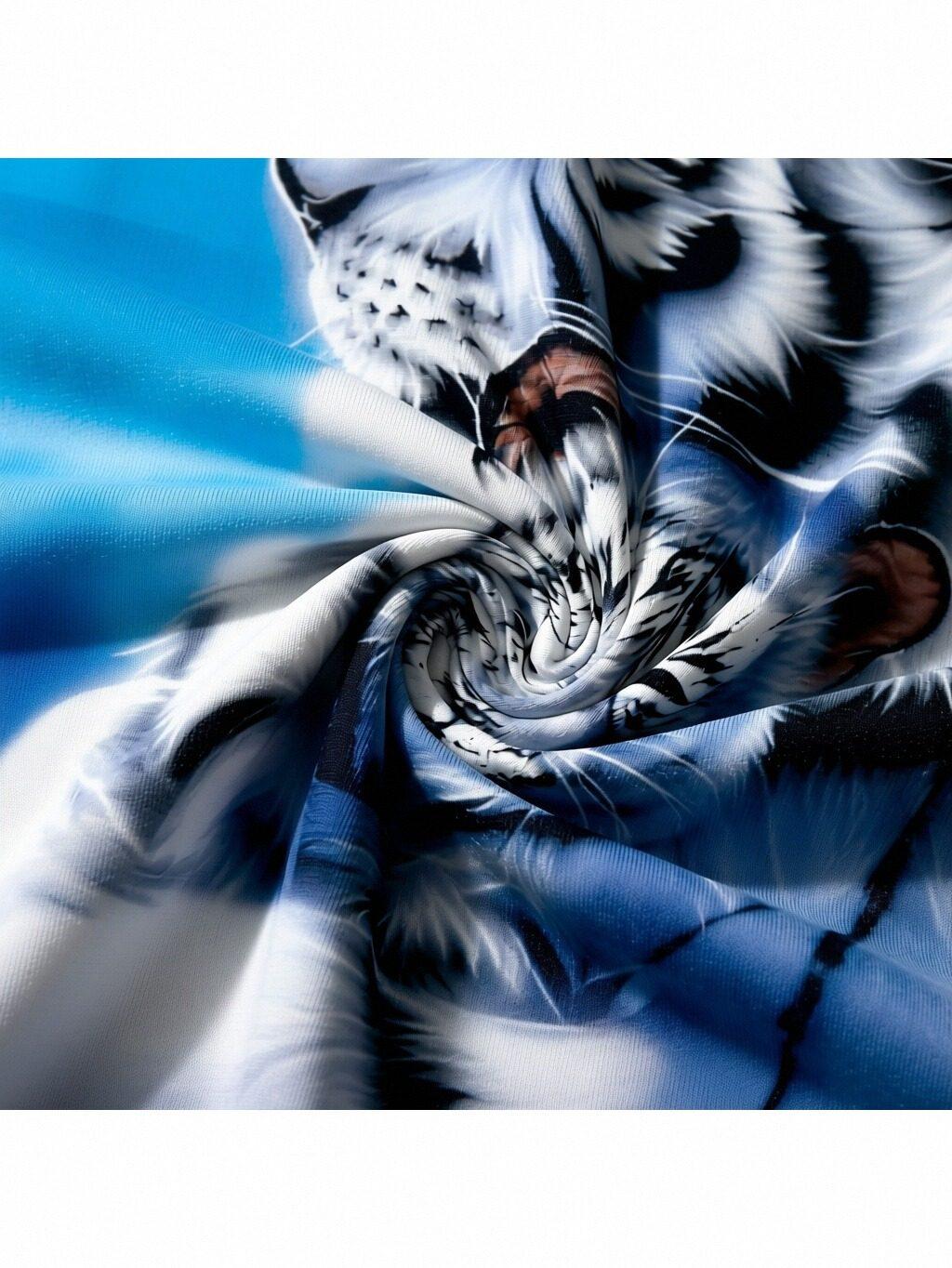 Men's 2-Piece White Tiger All-Over Print Sports Set - Blue Gradient Animal Pattern Sweatshirt, Soft Hoodie with Pockets, Sweatpants, Stylish Casual Streetwear, Suitable for Everyday Use