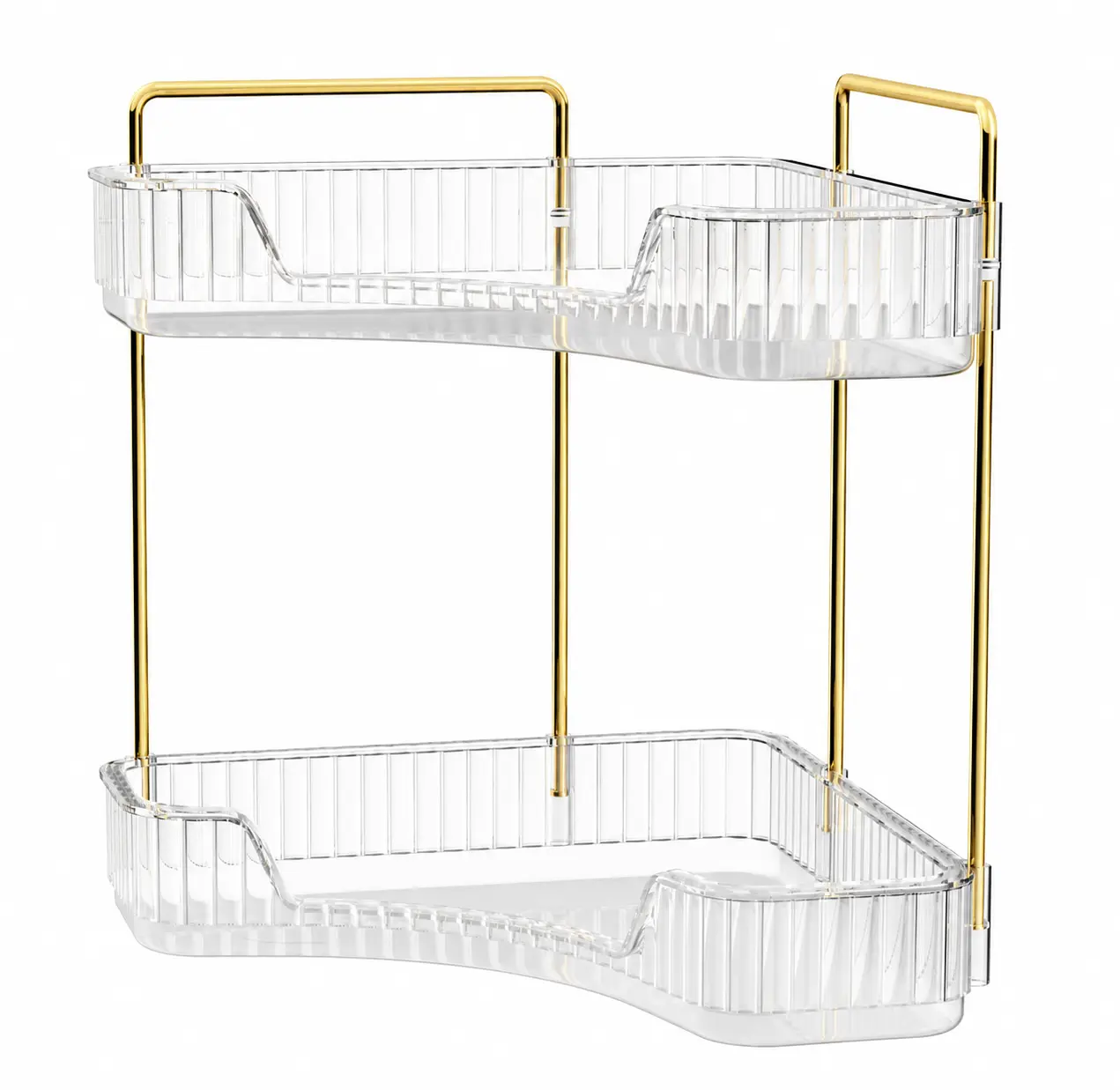2-Tiers Corner Bathroom Counter Organizer, Clear Countertop Shelf Storage Rack, Cosmetic Perfume Tray Standing Holder with Gold Metal Pole, Skincare Sink Organizer for Vanity Kitchen Transparent Smooth