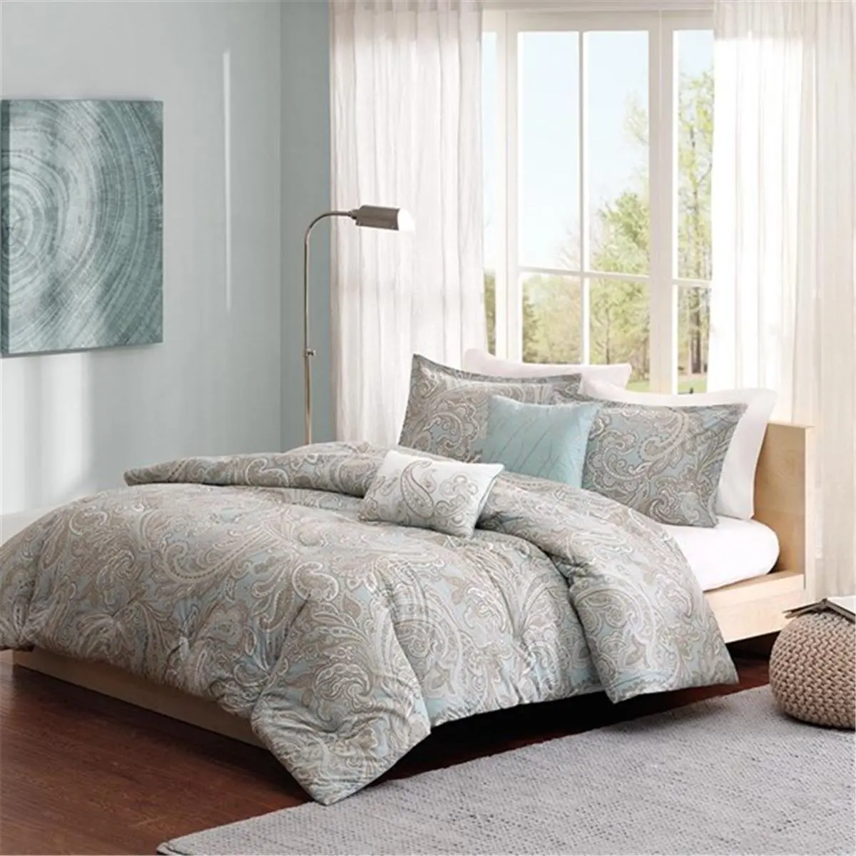 Madison Park MPP10-001 5-Piece Ronan Blue Cotton Comforter Set - Full Queen, Paisley Print, Organic Modern Decor, Relaxing Space Bedding for Bedroom Use, Five Pieces