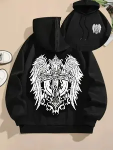 Men'S Heavyweight 360gsm Hooded Sweatshirt with Bold Winged Cross Faith Print - Gothic-Inspired Graphic Pullover, Adjustable Drawstring Hood & Kangaroo Pocket, Warm Knit Fabric Winter Hoodie, Machine Washable Casual...254