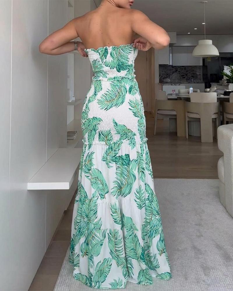 ChicMe Women's Tropical Plant Print Shirred Ruffle Dress Tie Front Cutout Mermaid Hem Long Dress/Seaside Vacation Sleeveless Skirt