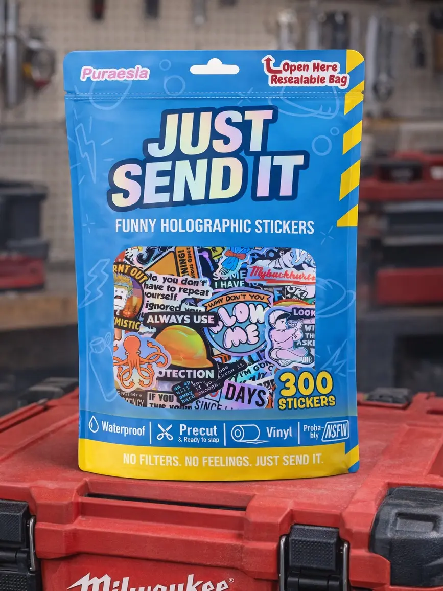"Just Send It" Holographic Hard Hat Stickers - 300-Pack Funny Adult Humor Blue Collar Stickers, Waterproof Office Labels for Helmets, Toolboxes, Waterproof Hilarious Gift Option, Funny Stickers