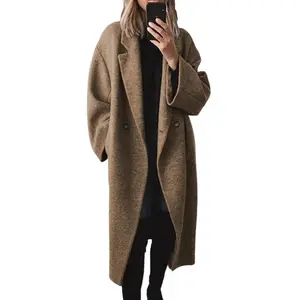 Women's Winter Double-Breasted Long Wool Coat Notched Lapel Long Coat with 2 Side Pockets for Daily Life & Streetwear - Womenswear