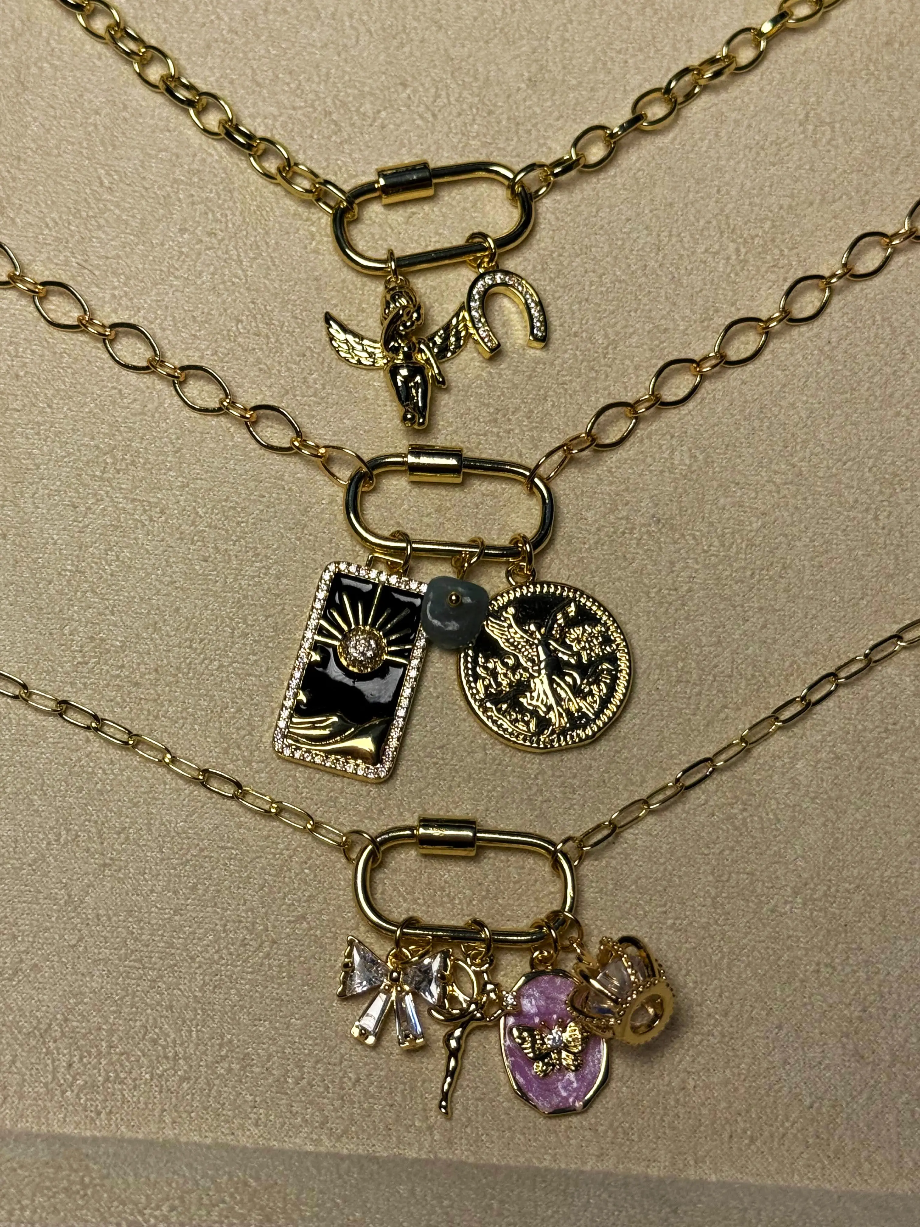 Custom Charm Oval Carabiner Necklace + Bracelet -  18k Gold Plated Pick Your Own Charms Cubic Zirconia - Personalized