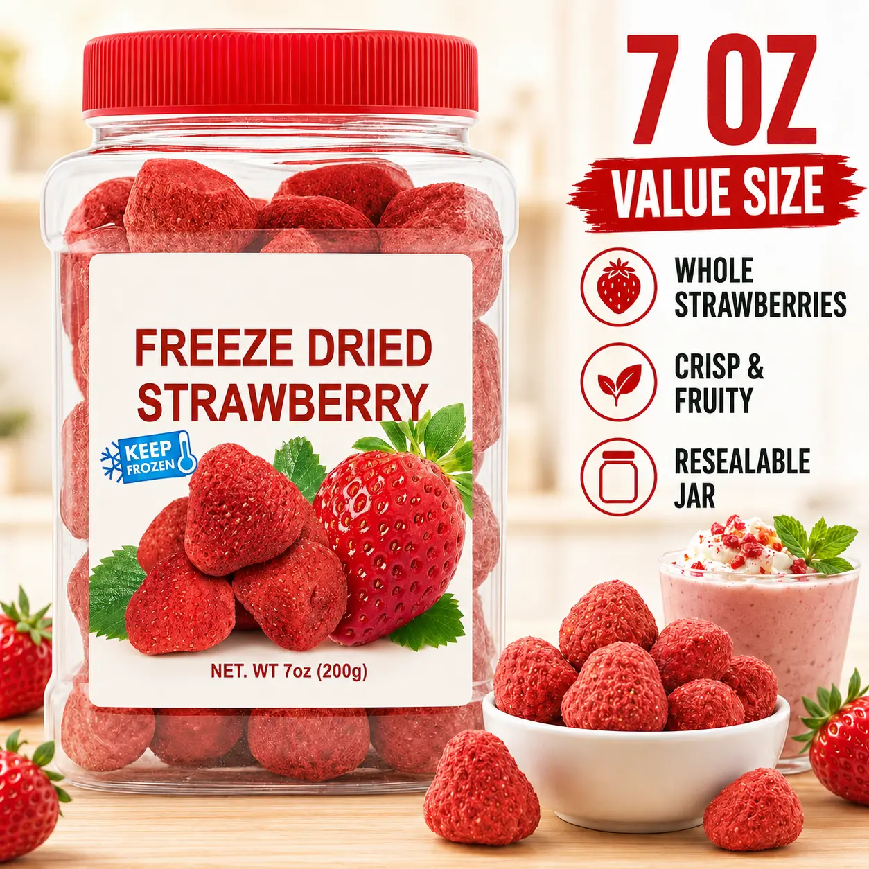 7oz Whole Freeze-Dried Strawberries - Dried Strawberry Snacks, Crispy Dehydrated Fruit Snack for Yogurt, Oatmeal, Cereal, Smoothies, Baking