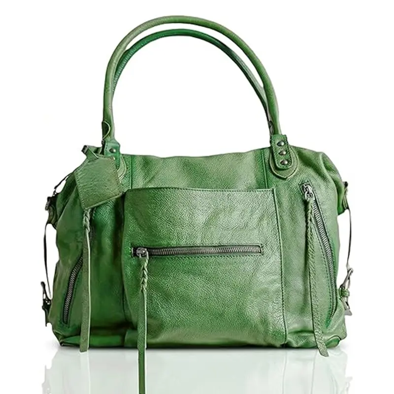 Women's Large Vegan Leather Tote Bag - Pu Leather Slouchy Silhouette 2-Way Work Travel Purse with Zipper, Adjustable Strap for Teachers