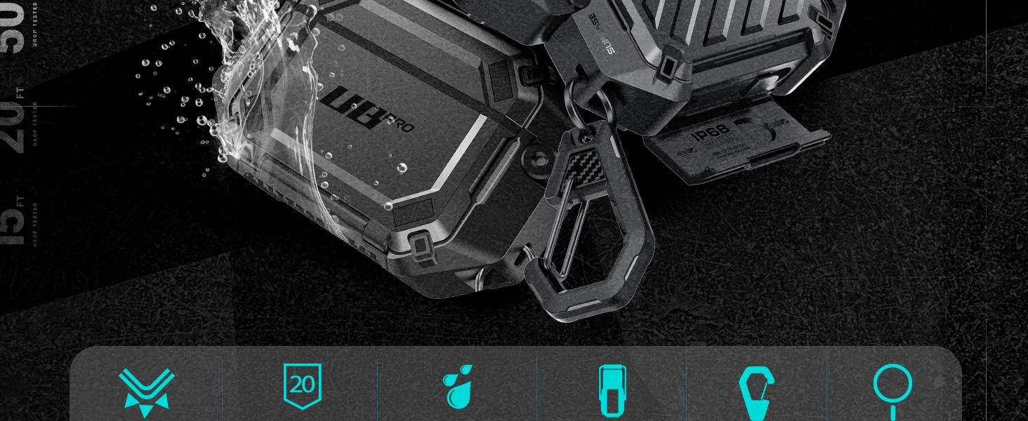 SUPCASE AirPods Pro 3 Case with Lock & Carabiner, IP68 Waterproof, Military-Grade Protection, Anti-Scratch Hard Shell Cover, Supports Wireless Charging
