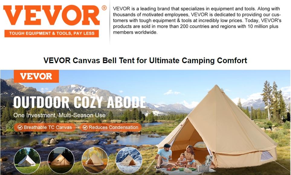 VEVOR Canvas Glamping Bell Tent Max 12 Persons, TikTokShopBlackFriday, Breathable Waterproof Large Yurt Tent with Stove Jack and Detachable Side Wall for Family Camping