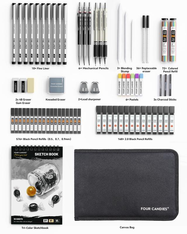 Four Candies 52/73PCS Advanced Art Supplies Drawing Kit with Fineliner Pens, Mechanical Pencils, 3-Color Sketchbook, Charcoal Sticks,Pastels for Sketching Drawing Comics Gifts for Professionals Artists,educational, Adults and Artists, Artist Drafting