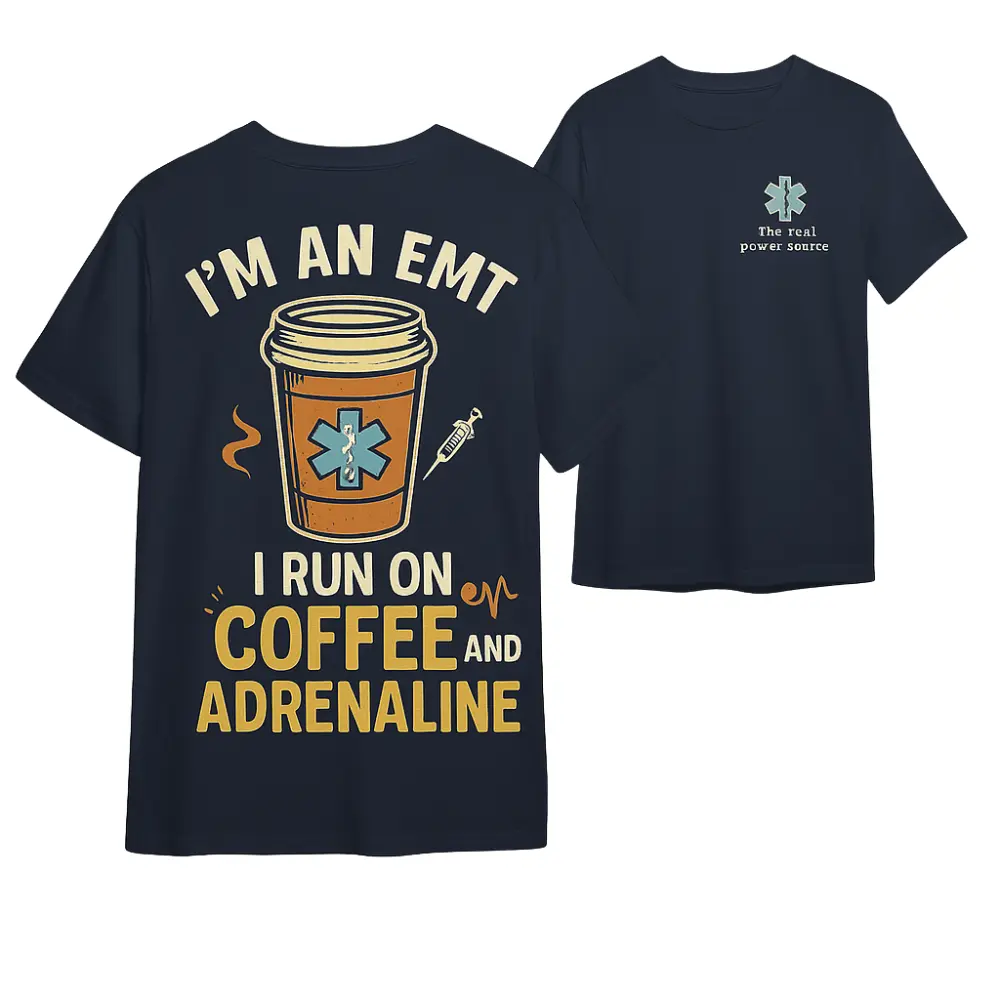 Coffee Adrenaline EMT TShirt, Coffee Cup & Star of Life Graphic, EMS Pulse Graphic Tee for Emergency Medical Technicians, Gift for Paramedics or Coffee-Loving First Responders