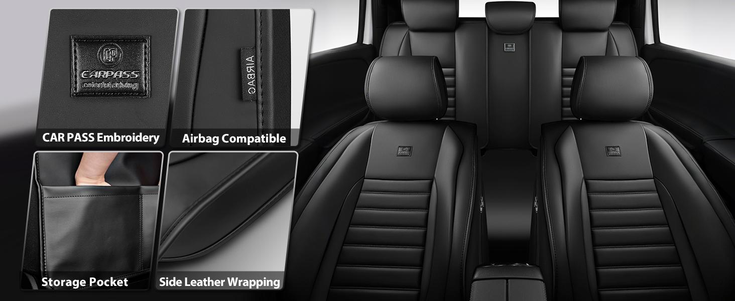 CAR PASS Nappa Leather Seat Covers Protection for Front Seats Universal Waterproof & Anti-Slip Design Airbag Compatible for Sedan, SUV, Pickup Truck  Black 1 Count