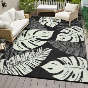Leaf Print Outdoor Rug Double-Sided Reversible Plastic Straw Woven Rug Foldable Garden Decoration Rug Large Size Washable Outdoor Rug for Terrace Beach RV Picnic Balcony Patio