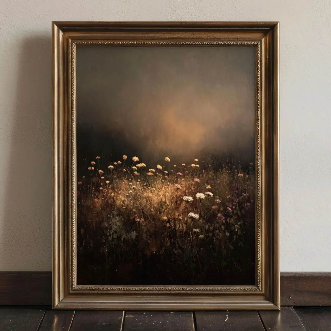 Moody Vintage Flower Field , Rustic Farmhouse Wildflowers Wall Art, Floral Botanical Print G