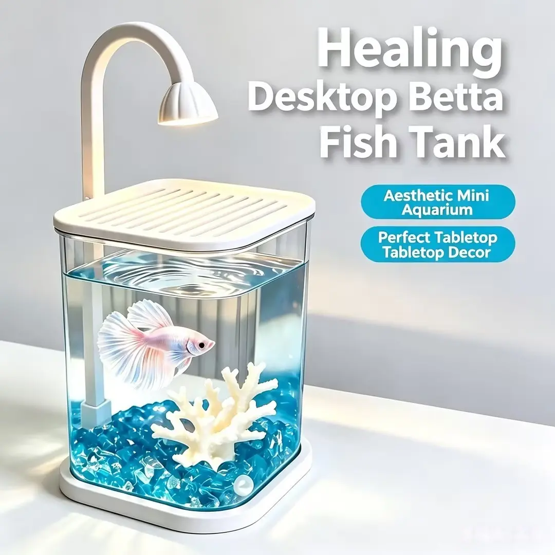 360° Clear Desktop Fish Tank with LED Light & Decor – Perfect for Home, Office & Classroom (For Fish, Turtles & Plants)