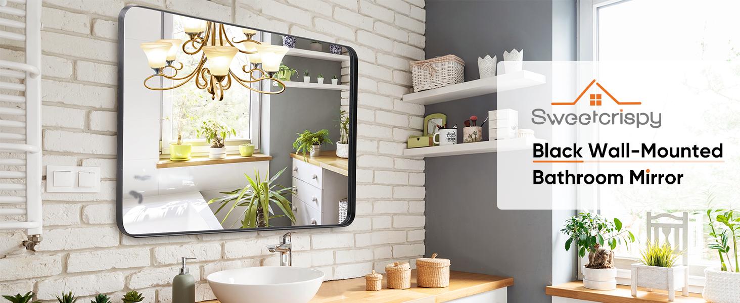 Rounded Rectangle Mirror Black Metal Framed Bathroom Vanity Mirror for Restroom Farmhouse Anti-Rust Tempered Glass Horizontally or Vertically Hanging