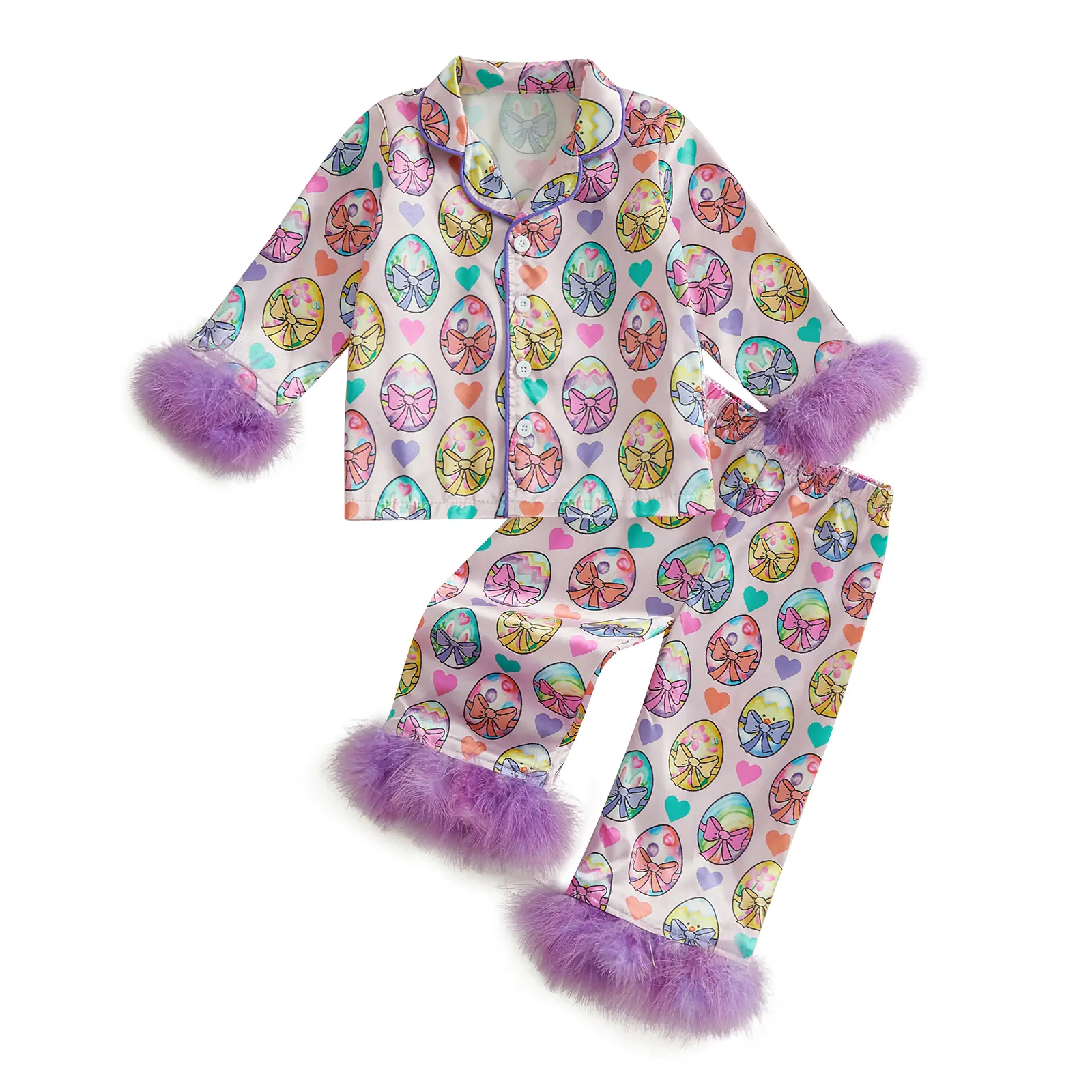 Global Baby Easter Girls  Satin Pajamas Set/Lapel Long Sleeve Button Down Tops + Pants Sleepwear  Little Toddler Girl Easter Pajamas Set Egg Bow/Bunny Carrot Fuzzy Trim Long Sleeve Tops