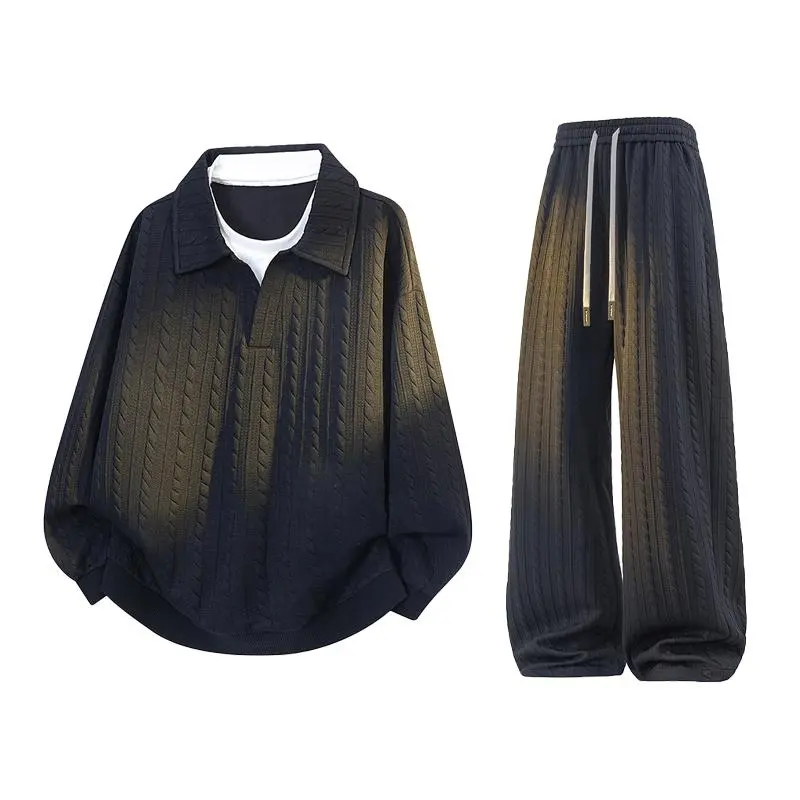 Men's Plus Size 2-Piece Casual Sports Suit - Jacquard Texture, Long Sleeve Mock Neck Sweatshirt, Drawstring Waistband, Everyday Wear Clothing Set, Sweatpants