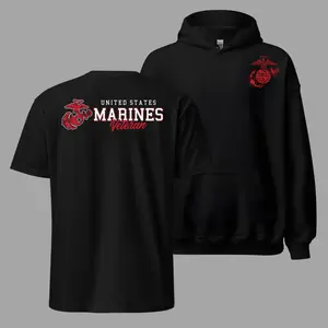 United States Marines Veteran T Shirt and Hoodie 2 Sides, USMC Eagle Globe Anchor Graphic Tee, Soft Cotton Blend T Shirt, Patriotic Marine Corps Apparel for Men & Women, Marine Veteran Gift