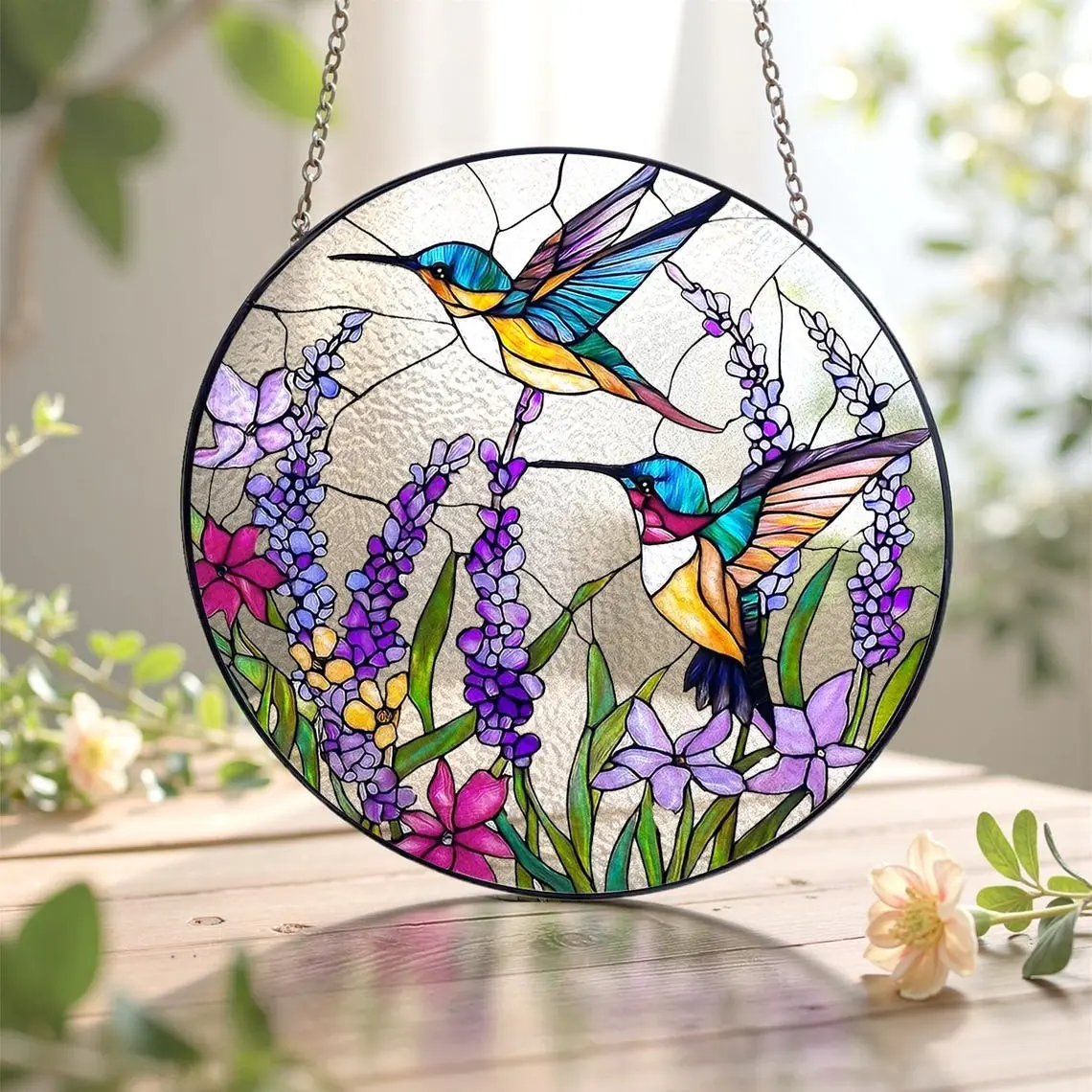 Colorful Round Hummingbird Stained Glass Suncatcher - Hangable Garden Decor, Light-Catching Window Hanging, Bird Glass Art, Christmas Gift for Mom, Sympathy Memory Gift