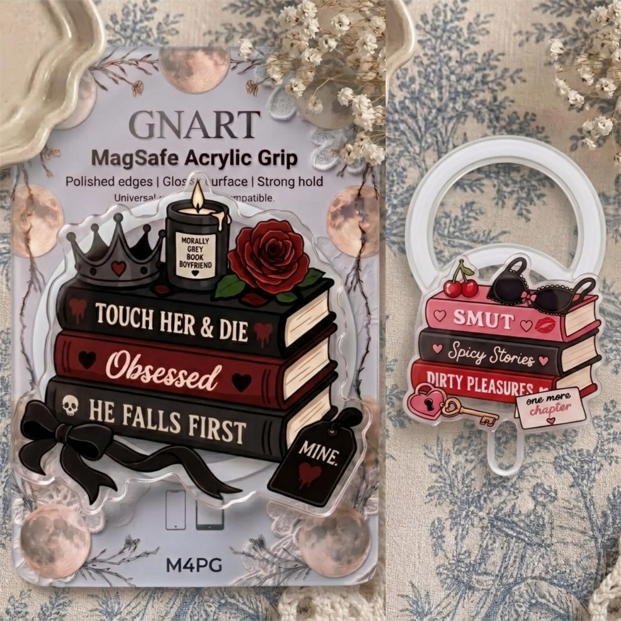 Book Lover Phone Grip Set – Aesthetic Romance Novel Pop Socket, 'Morally Grey' & Spicy Book Themed Phone Holder, Collapsible Smartphone Stand, Unique Gift for Readers