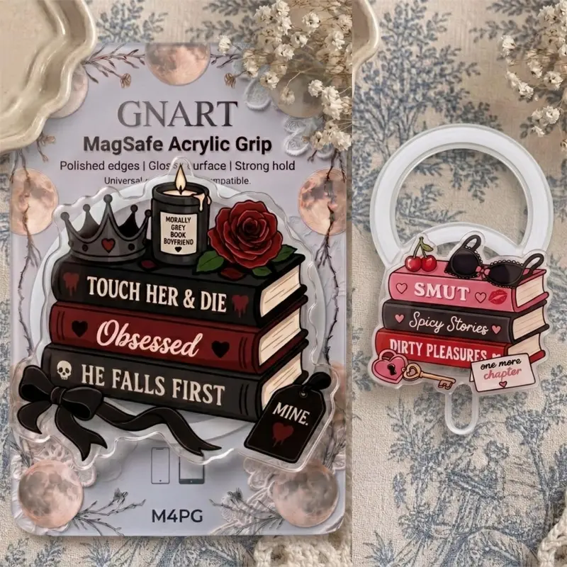 Book Lover Phone Grip Set – Aesthetic Romance Novel , 'Morally Grey' & Spicy Book Themed Phone Holder, Collapsible Smartphone Stand, Unique Gift for Readers
