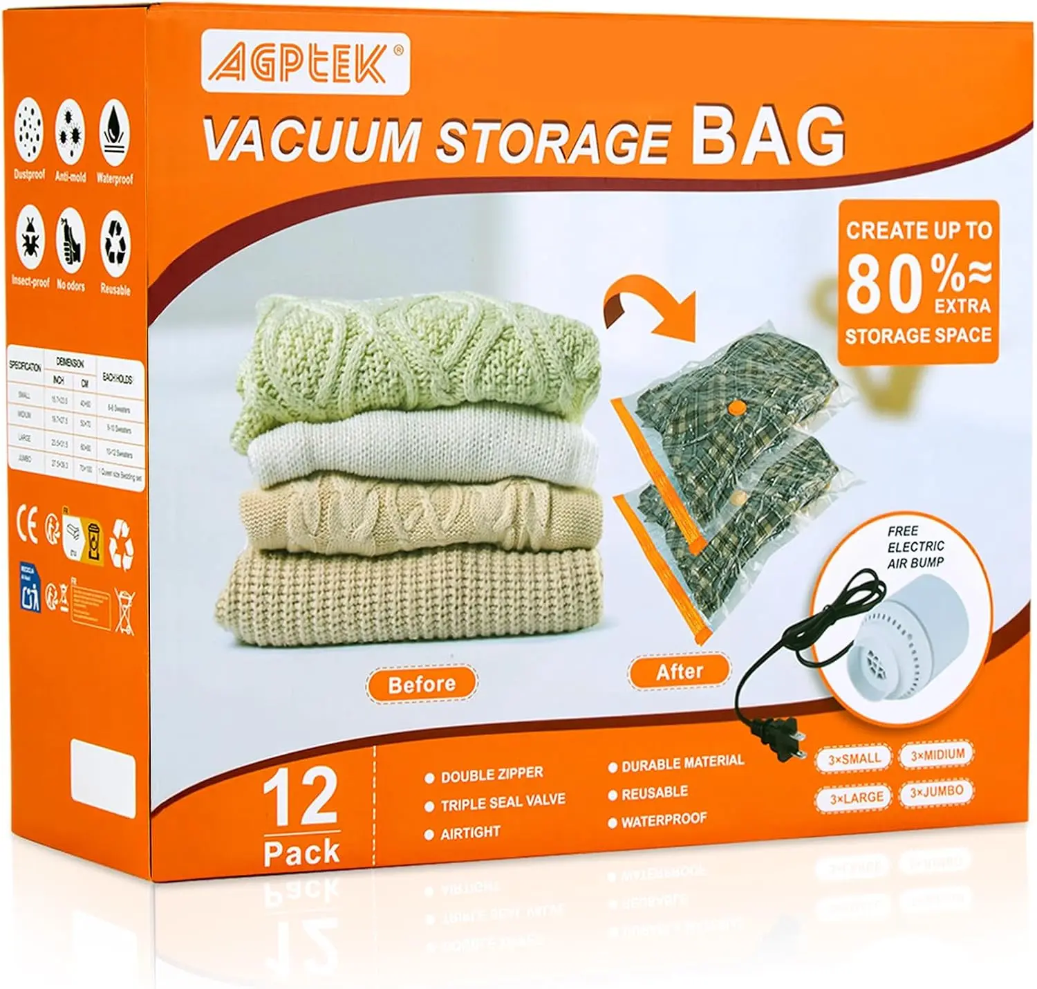 AGPTEK 12 Pack Vacuum Storage Bags(3 Jumbo/Large/Medium/Small) Compression Storage Bags for Blankets Clothes, Space Saver Vacuum Seal Bags for Clothing Bedding Travelling Luggage (Electric Pump)