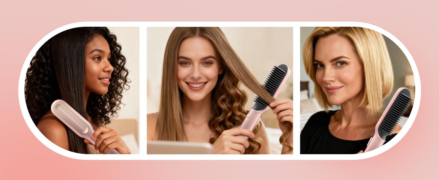 LILA Hair Straightener Brush, 2 in 1 Straightening & Curling Brush, Hairdressing Comb , Trending Products, 200 Million Ionic for Frizz-Free, Shiny Hair，Makeup Products, Safe Mode