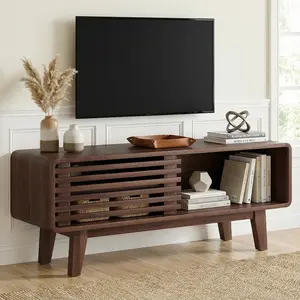 Mid‑Century 46" TV Stand, Dark Wood Media Console with Slatted Door, Open Storage & Cable Hole, Rounded Corners & Solid Legs, Stylish Entertainment Unit for Living Room & Small Apartments