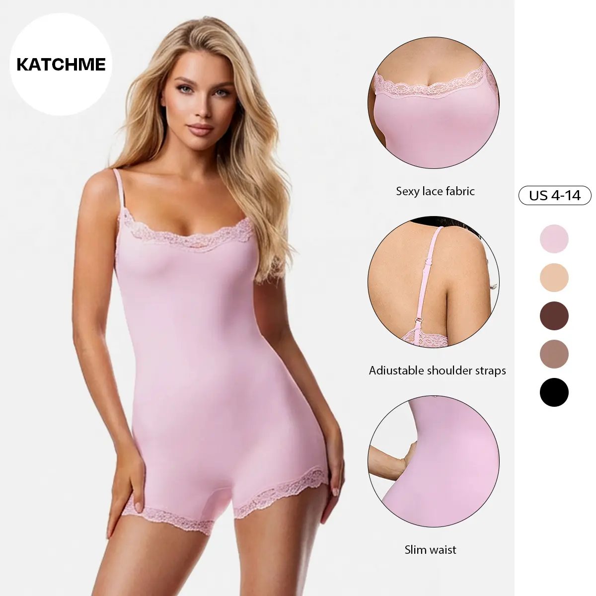 Katch Me COZY Lace Series Women's Spaghetti Strap Lace Trim Breathable Playsuit, Lightweight Solid Color Skin-Friendly Playsuit, Seamless Sweat-Wicking Sport & Outdoor Clothing