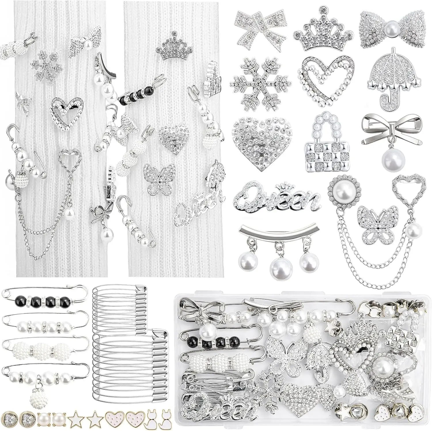 80 Pcs Junk Socks Charms Kit - Gold Brooches and Safety Pins with Pearls and Rhinestones for Clothes, Shoes, Hats & Bags