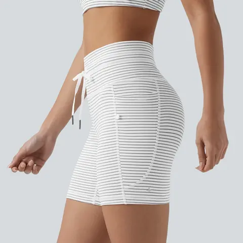 Halara High Waisted Drawstring Striped Yoga Biker Shorts 5'' with Pockets