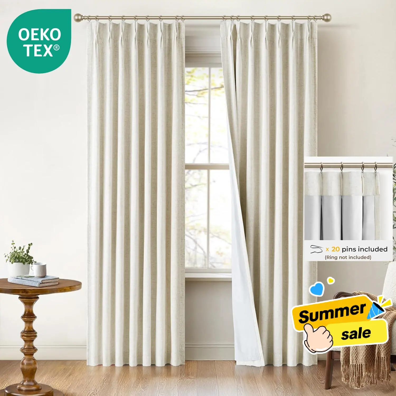 INOVADAY | Pinch Pleated Curtains-2 Panels Full Blackout Curtains For Bedroom, Linen Pleated Blackout Drapes,Thermal Black Out Pinch Pleat Drapes with Hooks,Back To School,dorm essentials,home decor,home essentials