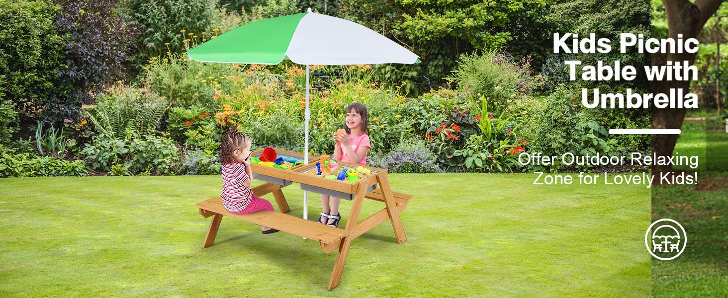 Costzon Kids Picnic Table w/Height Adjustable Umbrella,Indoor & Outdoor, Sand & Water Table for Garden, Backyard, Patio, dealsforyou