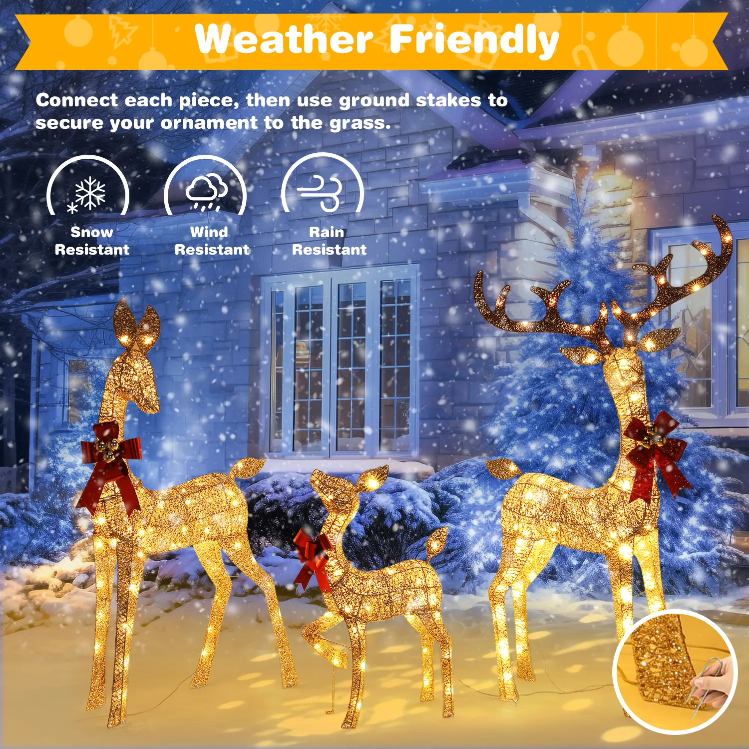 3-Piece Large Pre-Lit Christmas Deer Family Set Package, 210 Warm White LEDs, Iron Frame, Cotton Yarns, PVC Gold Accents, Plug-In Design, Ground Stakes, Indoor Outdoor Front Yard Holiday Home Decor