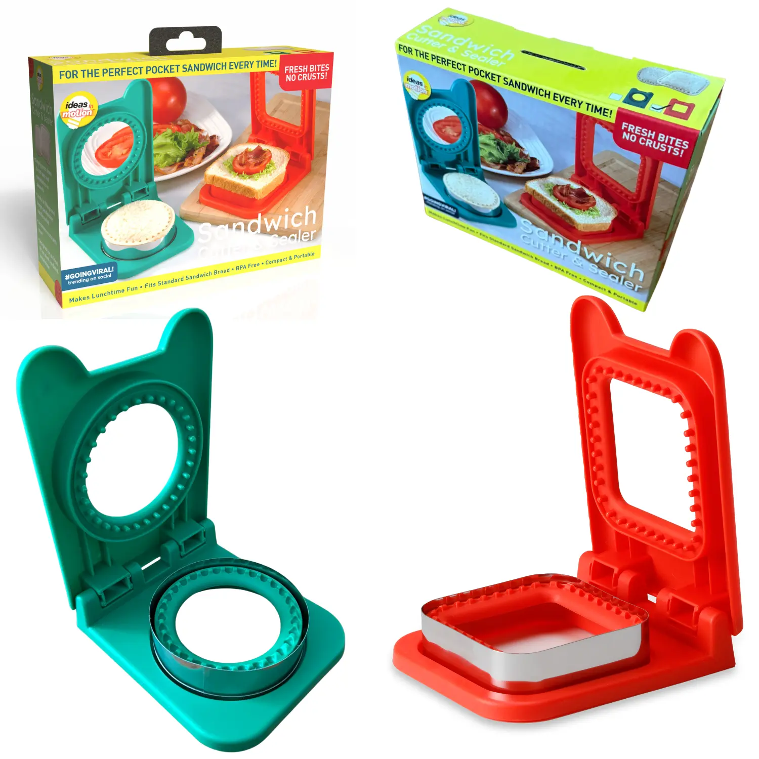 Kids' 2-Piece Durable Metal Compact Kitchen Utensil Set - Crustless Sandwich Cutter & Sealer with Safe Plastic Handle, Blade, 3.75" Square/Round Crust Remover, Tight Seal, Dishwasher Safe, DEHP-Free for School Lunchboxes