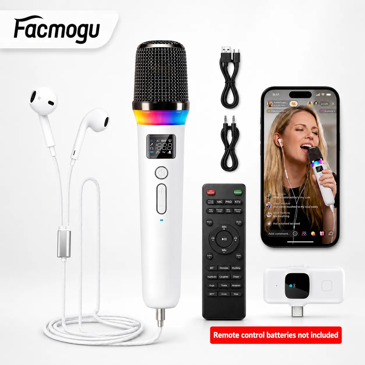 4-in-1 Handheld Microphone with Built-in Sound Card, AI Voice Changer, Noise Reduction & DJ Mixer, RGB Light, Compatible with Smartphone, PC for Karaoke, Streaming & Recording