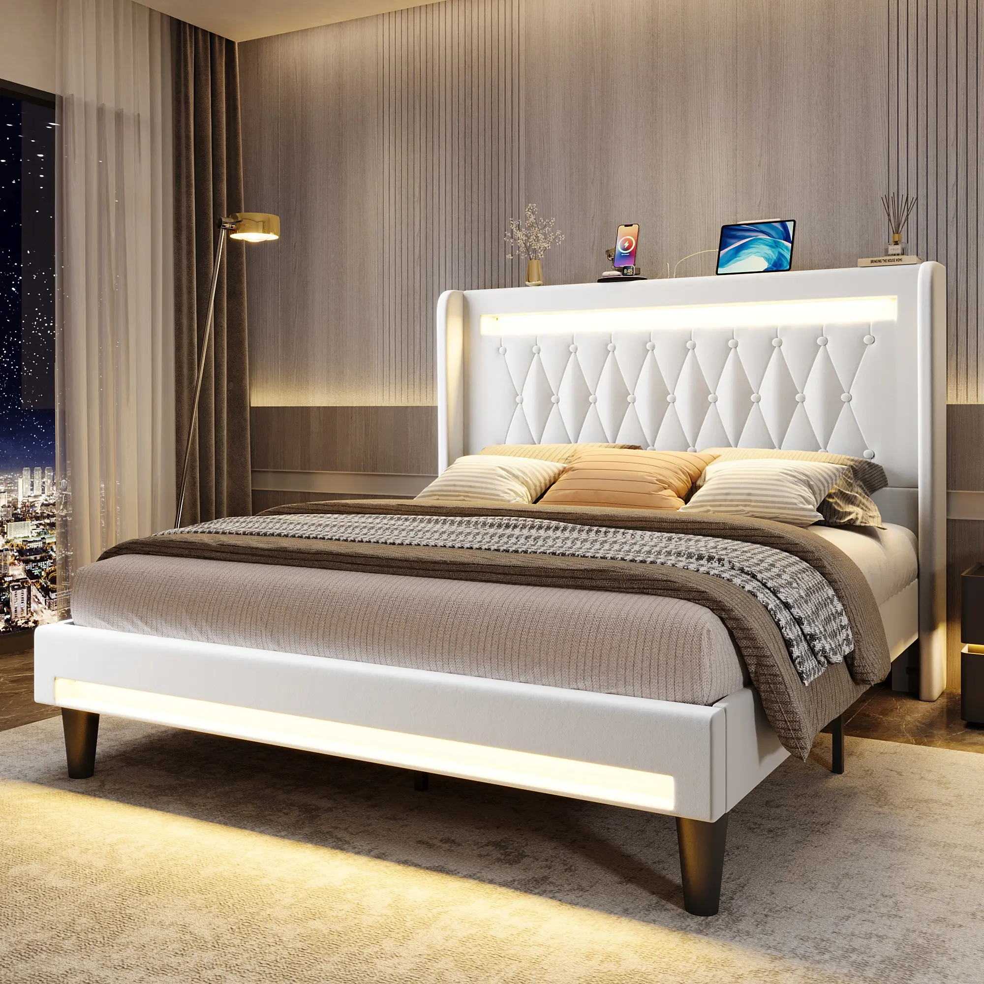 HOOMIC Upholstered Platform Bed Frame【Frame Only No Mattress】with High Wingback Headboard,Dual LED Light Strips,Dutch Velvet Diamond Tufting,Full/Queen/King,Black/White/Grey,No Box Spring Needed#SummerVibes