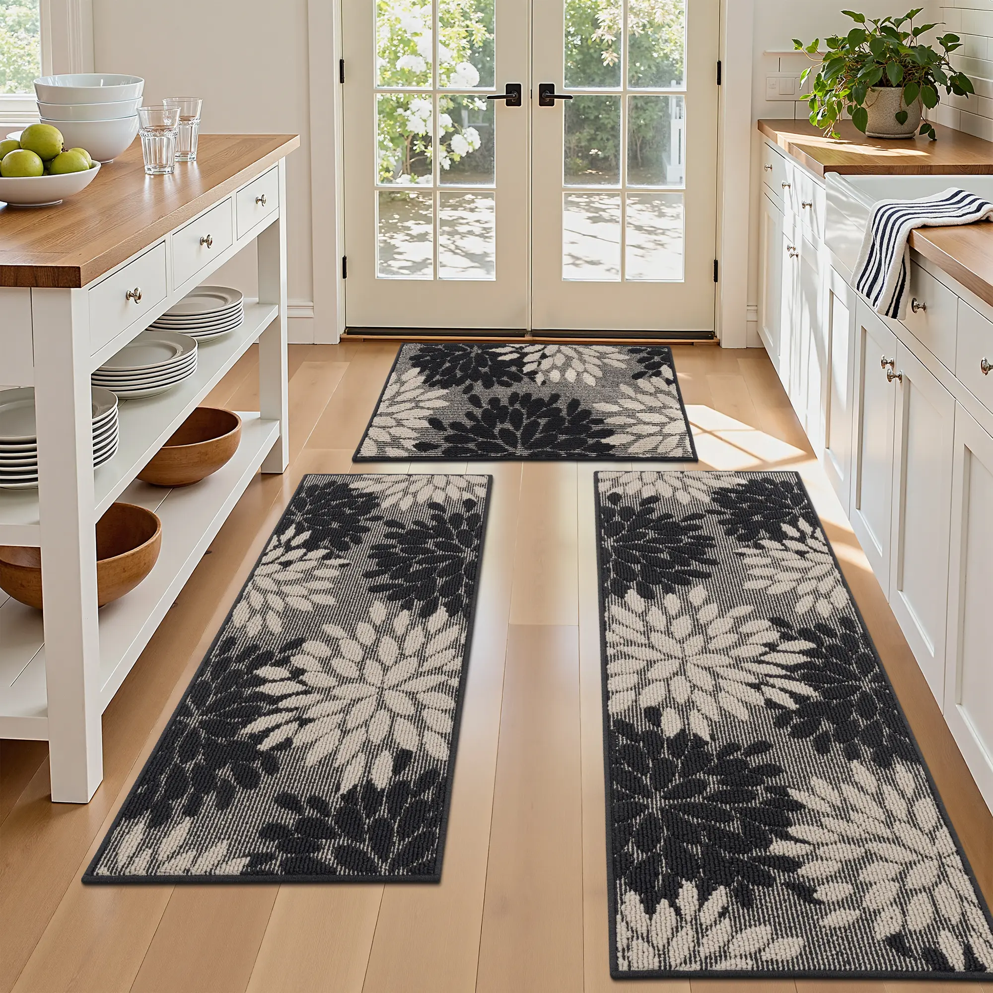 [Back to School] HEBE Washable Floral Kitchen Rug, Non Slip Kitchen Mats for Floor, Soft Machine Washable Kitchen Rug Runner Doormat, Farmhouse Kitchen Floor Carpet for Kitchen, Laundry, Entrance
