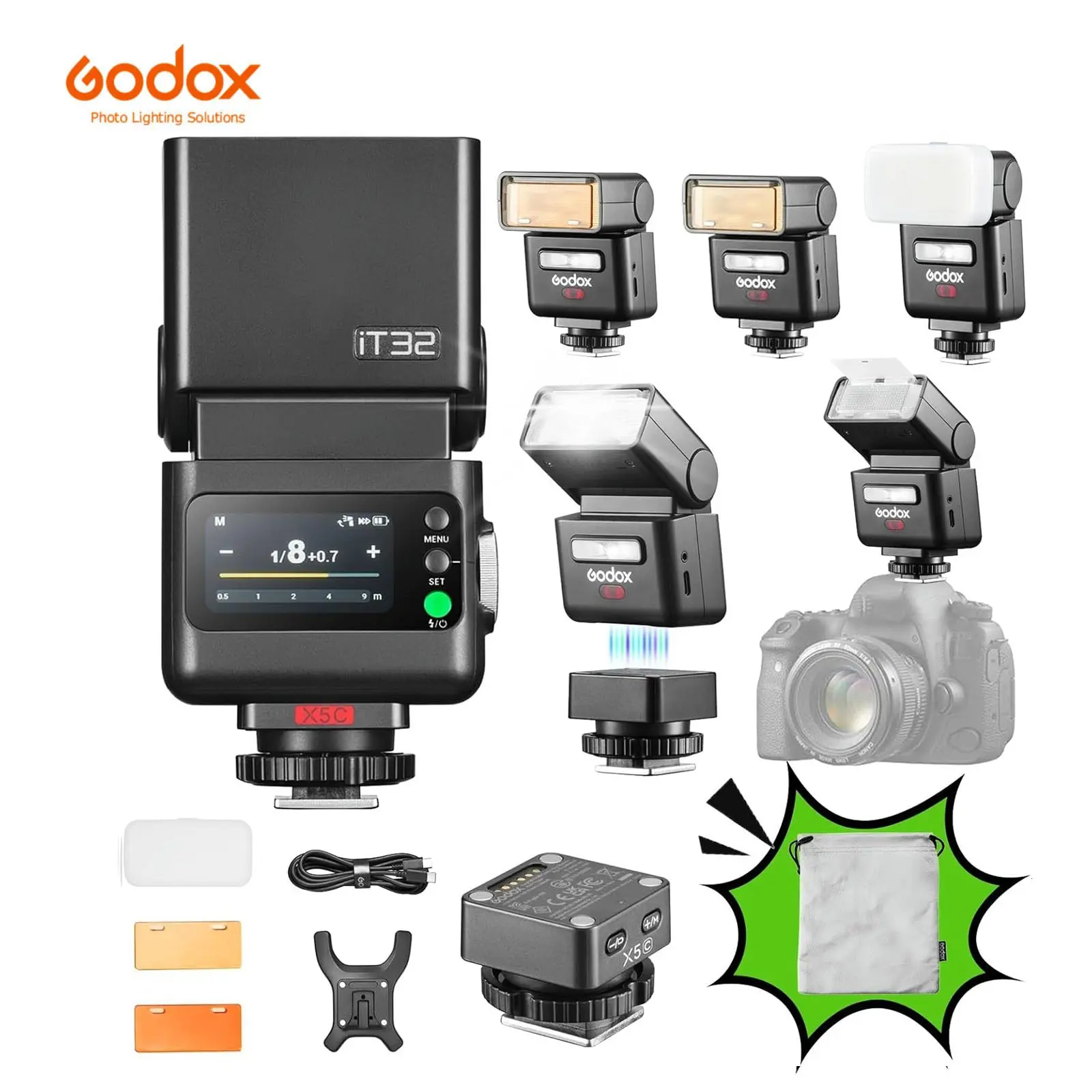 Godox IT32 TTL Touchscreen Speedlight Flash with X5C Trigger for Canon, 2.4G Wireless, HSS, GN18, 1.5s Recycle Time, Magnetic Interface, 3.8V/7.4V Lithium Cells, LED Modeling/Posing Lamp, Photography Light, On/Off Camera Accessory for Wedding, Portrait