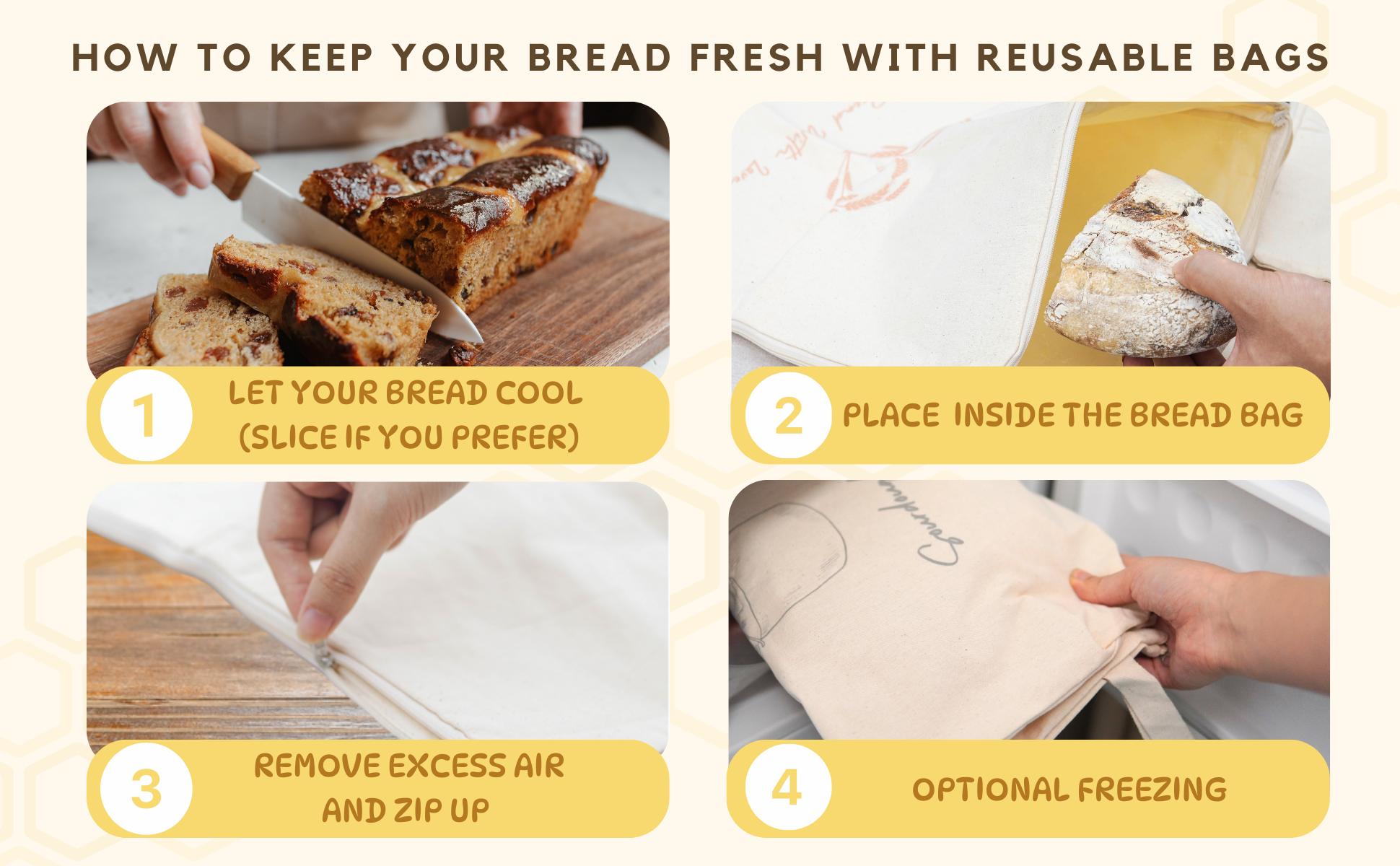 Wide Zipper Access Cotton & Beeswax Bread Bags for Sourdough (2 Pack) | Reusable Bread Bags for Homemade Bread | Cotton Beeswax Bags for Bread | XL Sourdough Storage | Beeswax Bags for Homemade Bread