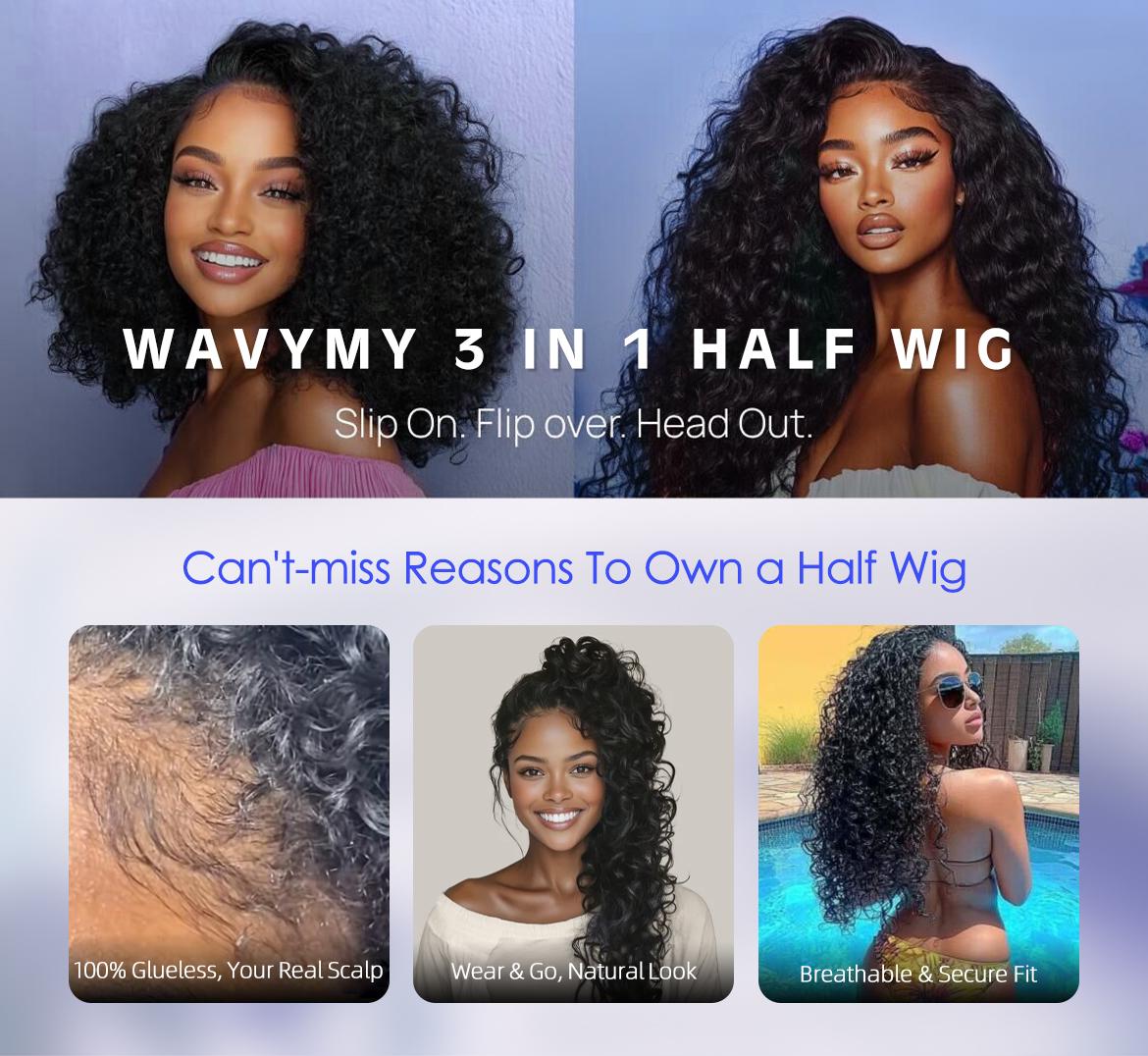 [Burmese Curly Half Wig] Wavymy Raw Burmese Curly Human Hair Wear Go Wig InvisiFit Strap Glueless Wig for Beginners No Lace Reusable Human Hair for 3 Hairstyles