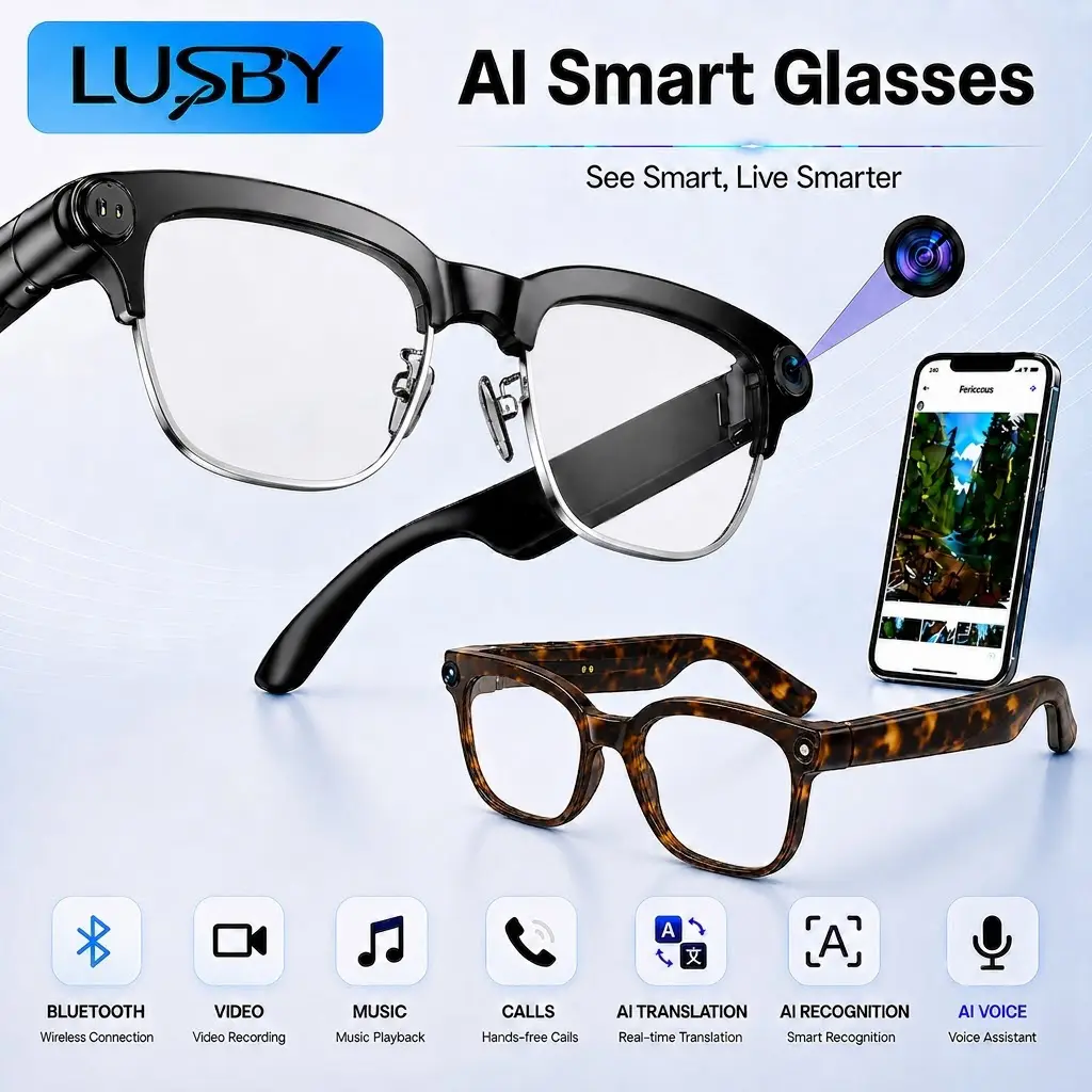 LUSBY Bluetooth Wearable Smart Glasses - 8MP 1080p HD Photo Capture, Auto Color-Changing Interchangeable Lenses, Wireless for Travel Recording, Voice Calls, Language Translation (Black Friday & Cyber Monday Deal), Half-Frame Lightweight Camera Glasses（Typ