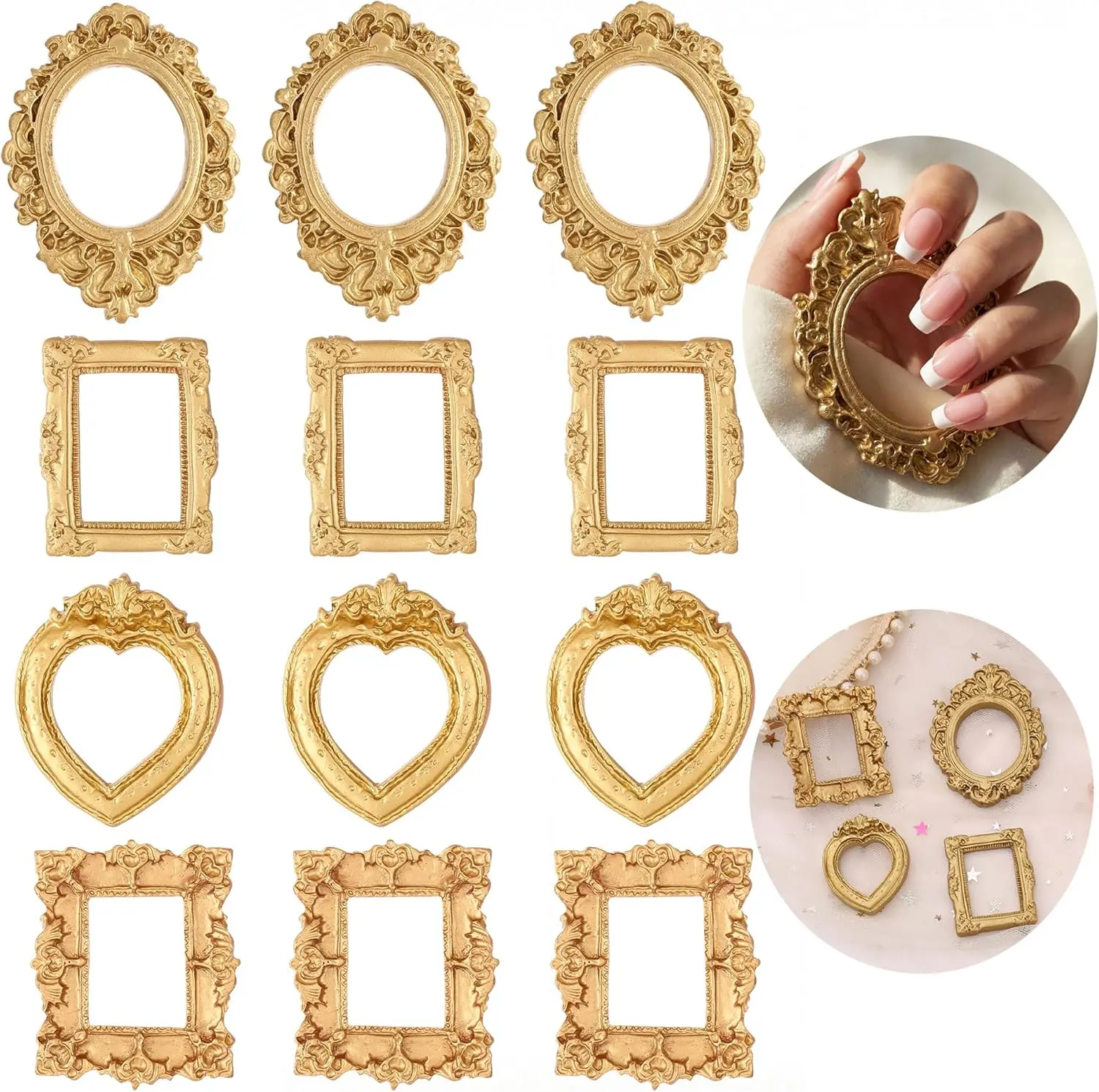 12Pcs Vintage Resin Picture Frames Gold Small Antique Photography Props Baroque Frames for Jewelry Display,Painted Miniature Photo Display for Jewelry, Photos, Art - DIY,vintage Resin Document & Photo Framing Collection