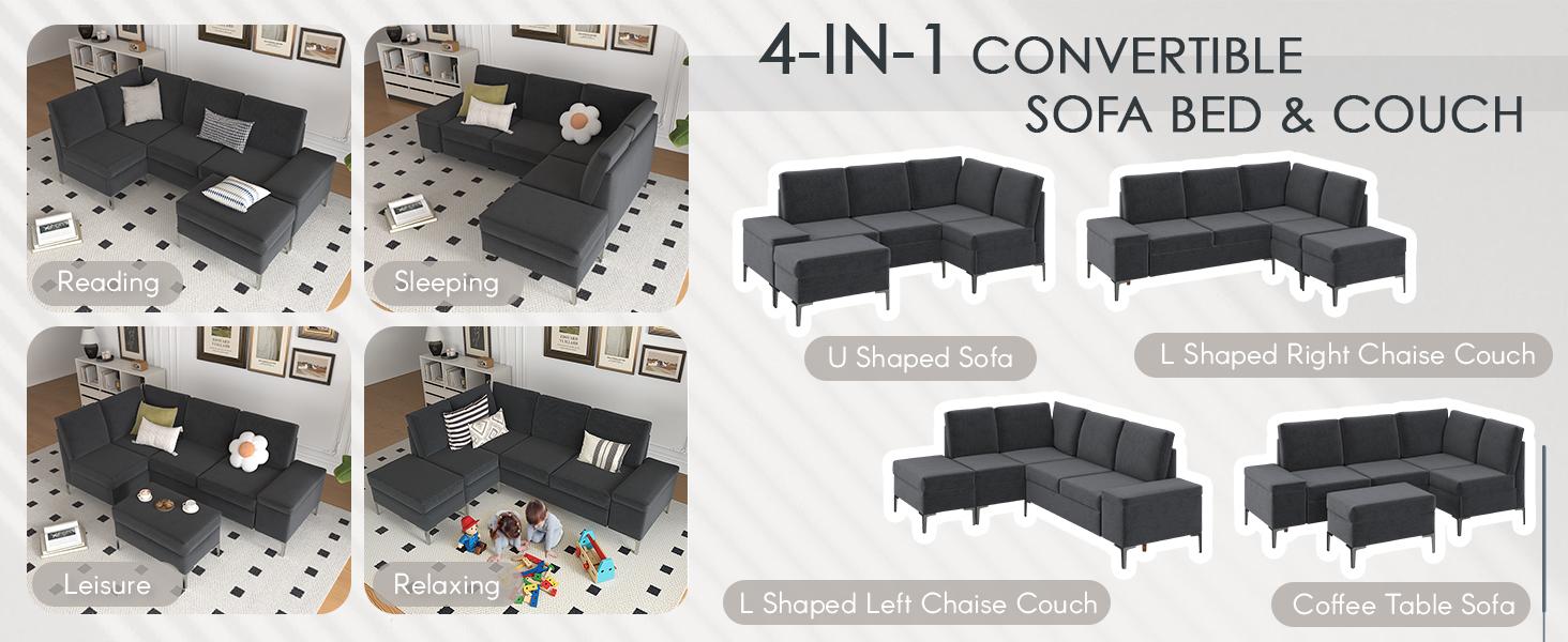 AECOJOY Modern Sectional Couch with Ottoman Convertible Corner Couches with Armrest Storage Upholstered Modular Sectional Sofa for Living Room Bedroom 30'' Deep Seat