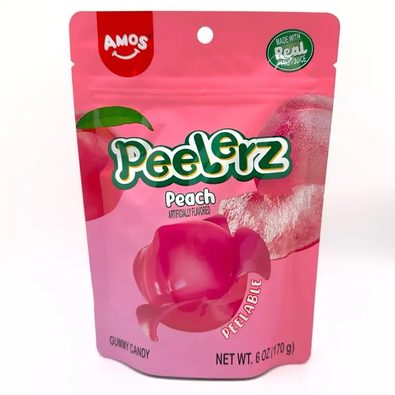 Amos Peelerz Peelable Peach-Shaped Corn Gummies Candy - 6 oz (170g) GMO-Free, Natural, Soft Sweet Fruit Chews Candy Snack in Resealable Bag, Artificial Ingredient-Free Snack Ideas