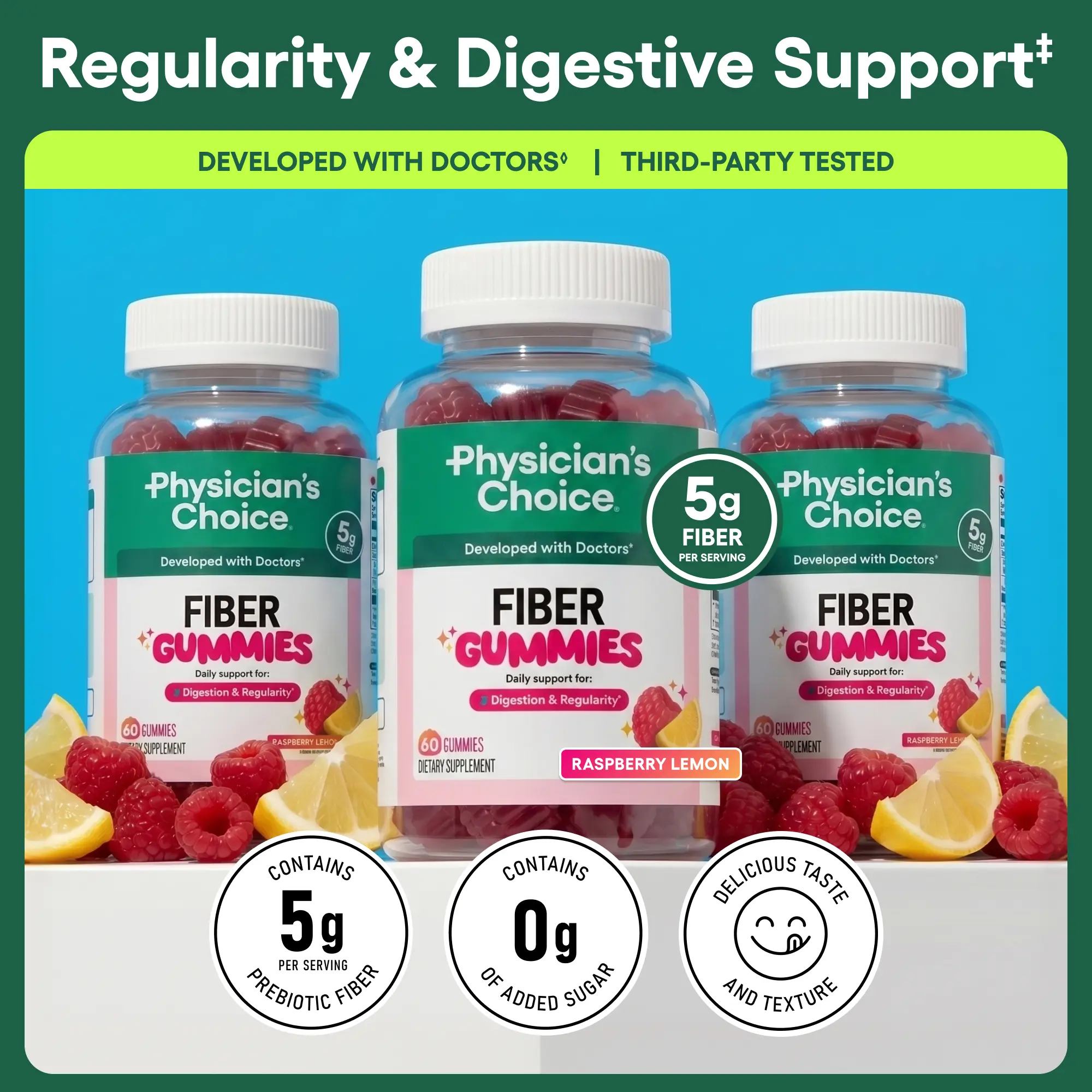 Physician’s Choice Fiber Gummies 3-Pack: Digestive Health & Regularity - Raspberry Lemon Flavor - No Sugar Added & Vegan - Daily Gummy for Adults