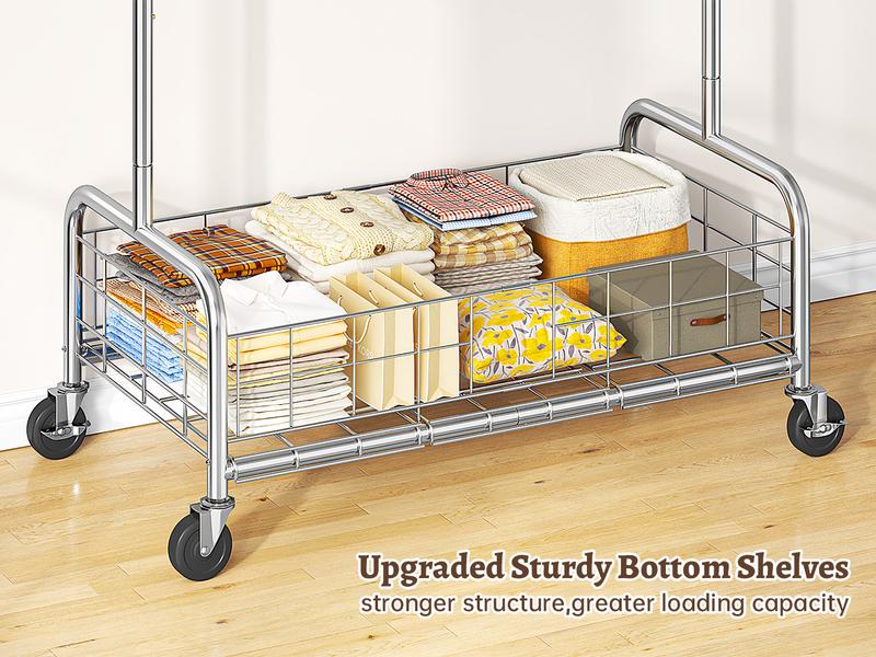 Raybee Clothes Rack Load 400 LBS, Rolling Heavy Duty Clothes Rack with Sturdy Wheels & Basket, Portable & Adjustable & Commercial Garment Rack, Chrome Raybee Clothes Rack Load 400 LBS, Rolling Heavy Duty Clothes Rack with Sturdy Wheels & Basket, Portable & Adjustable & Commercial Garment Rack, Chrome