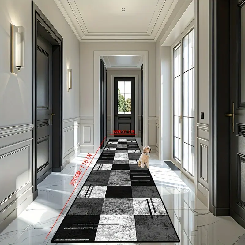 Black Grey White Plaid Geometric Runner Rug, Soft Velvet Non Slip Long Hallway Rug, Washable Low Pile Floor Carpet, Modern Grid Line Pattern Area Mat for Entryway, Kitchen, Farmhouse Home Decor